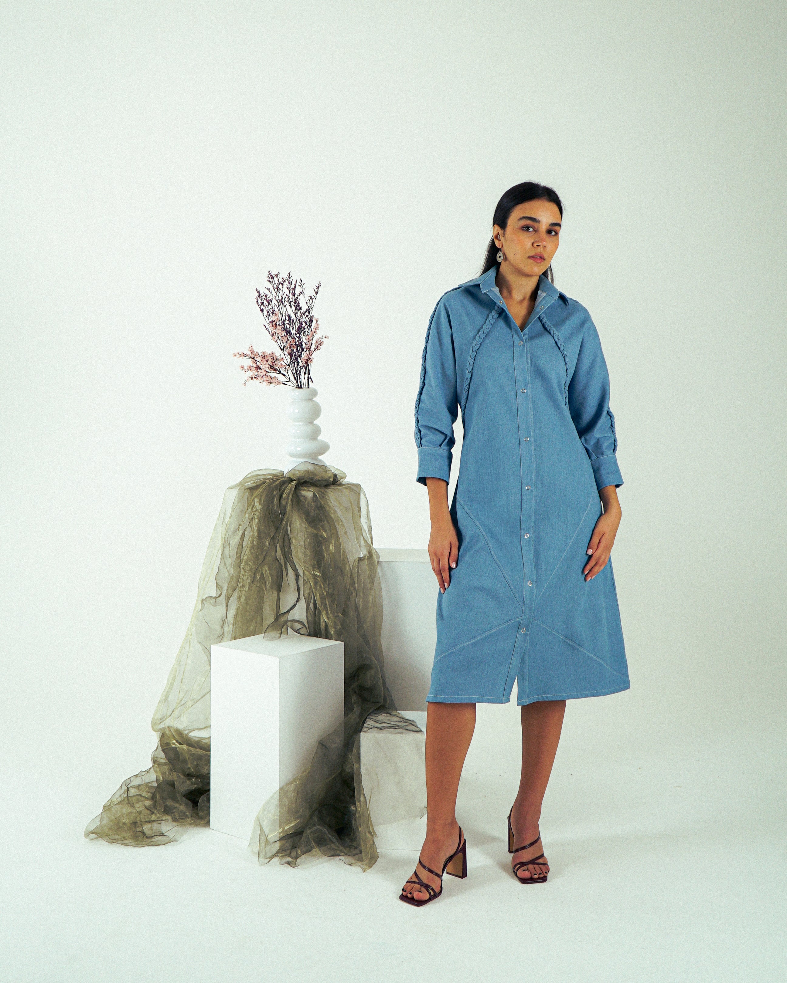 Um Al Jadayel Denim Shirt Dress – Structured Cotton with Hand-Braided Detail