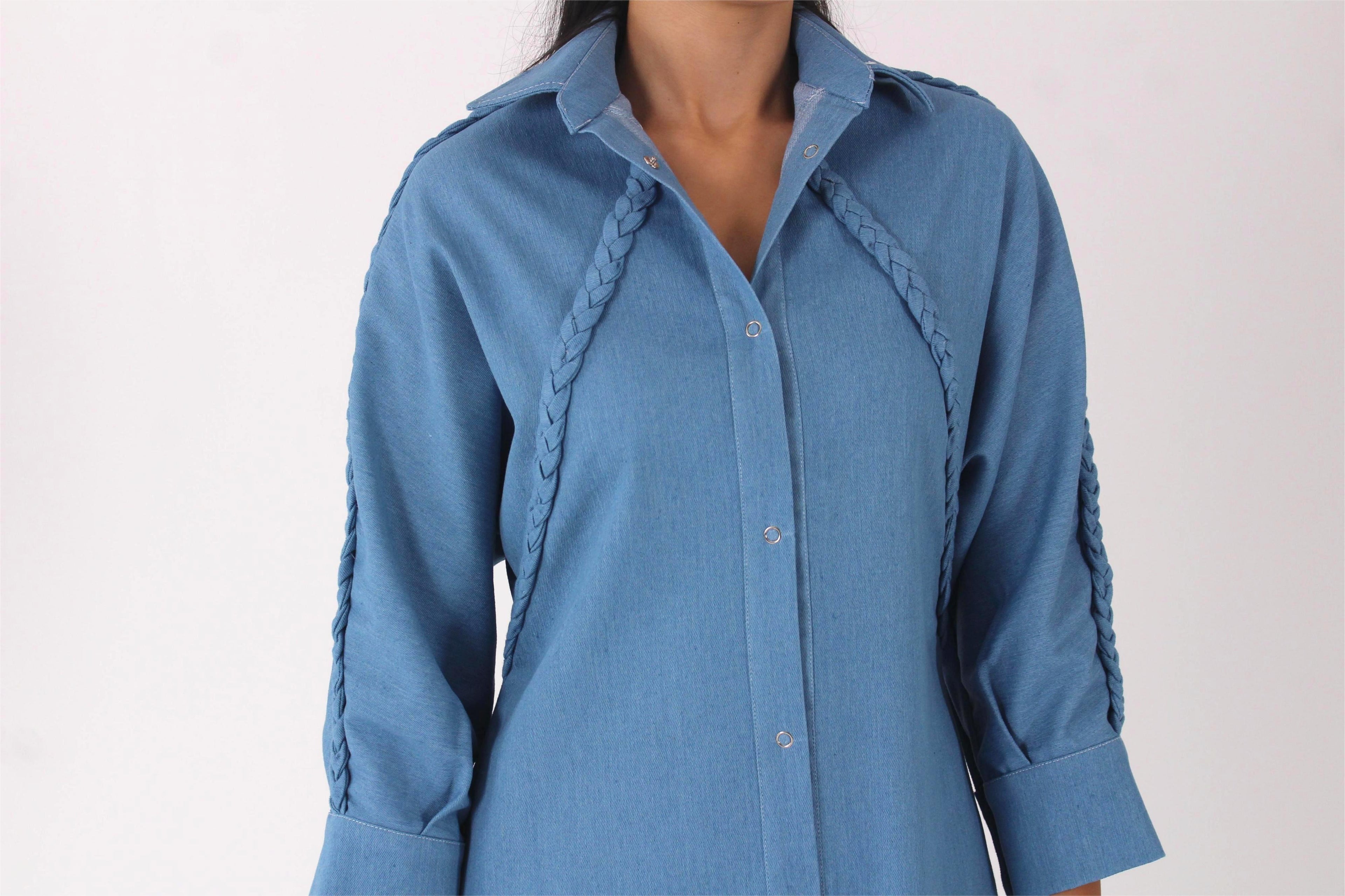 Um Al Jadayel Denim Shirt Dress – Structured Cotton with Hand-Braided Detail