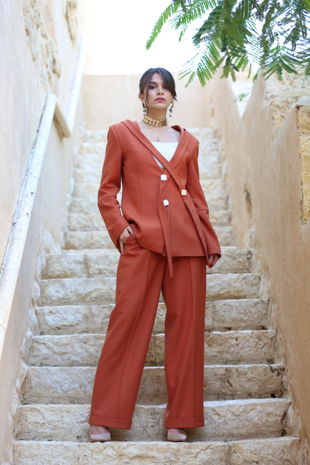 Tailored Straight-Leg Wool Trousers – Terracotta