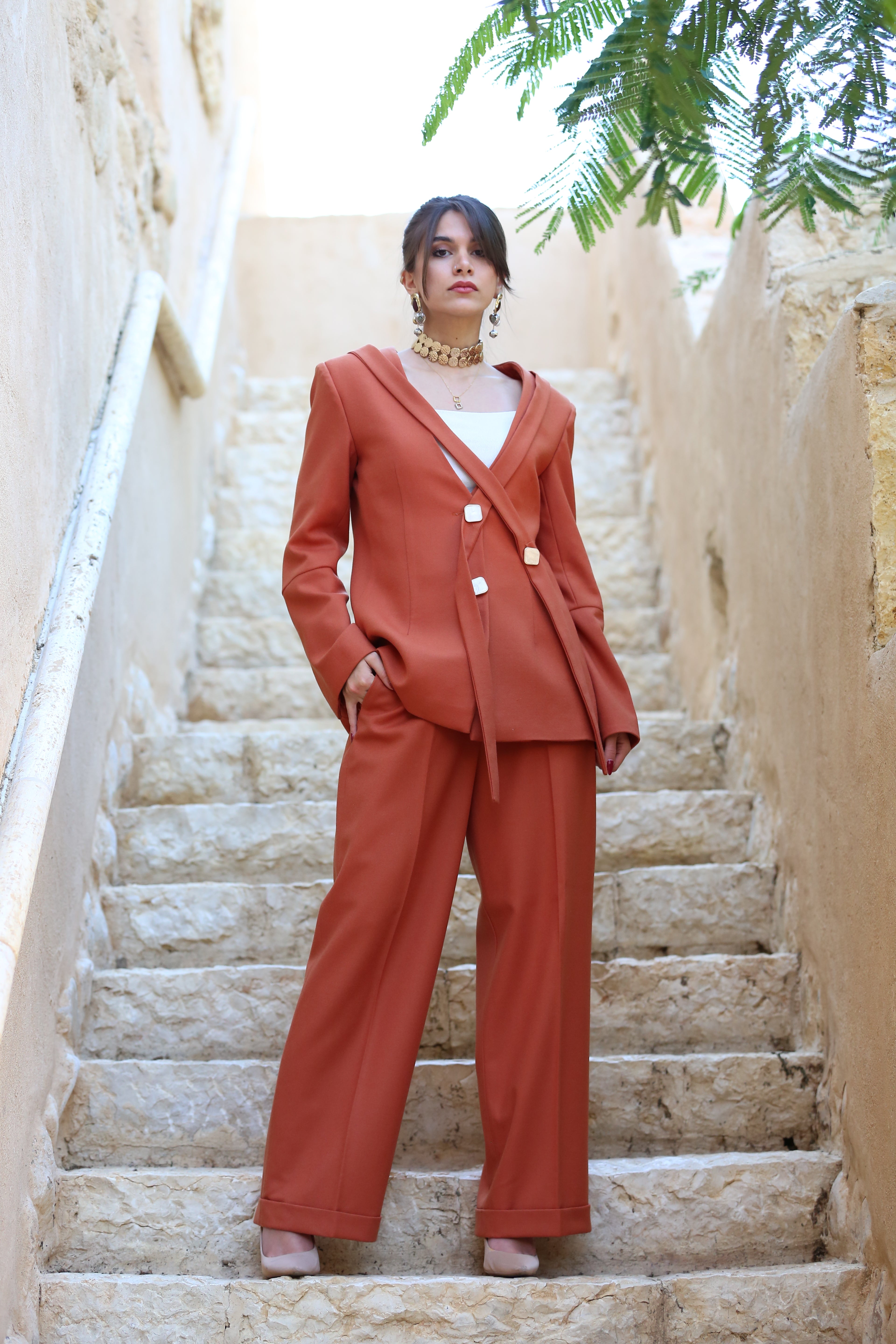 Tailored Straight-Leg Wool Trousers – Terracotta