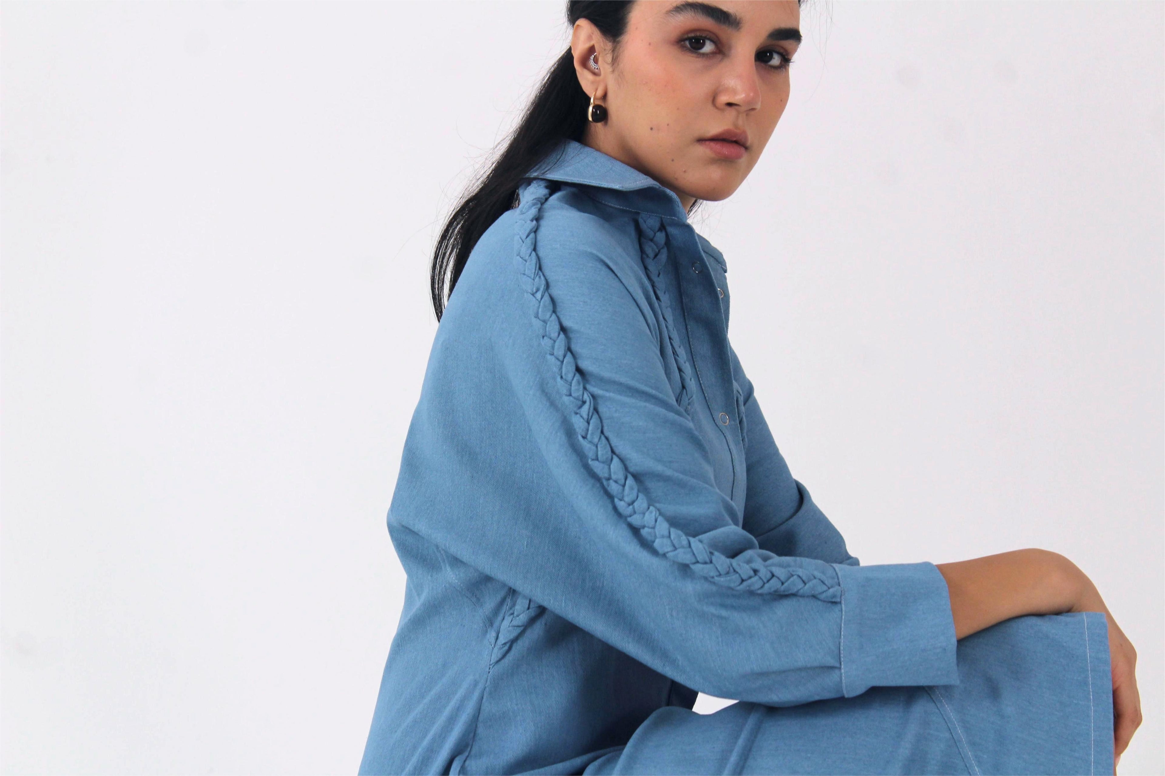 Um Al Jadayel Denim Shirt Dress – Structured Cotton with Hand-Braided Detail