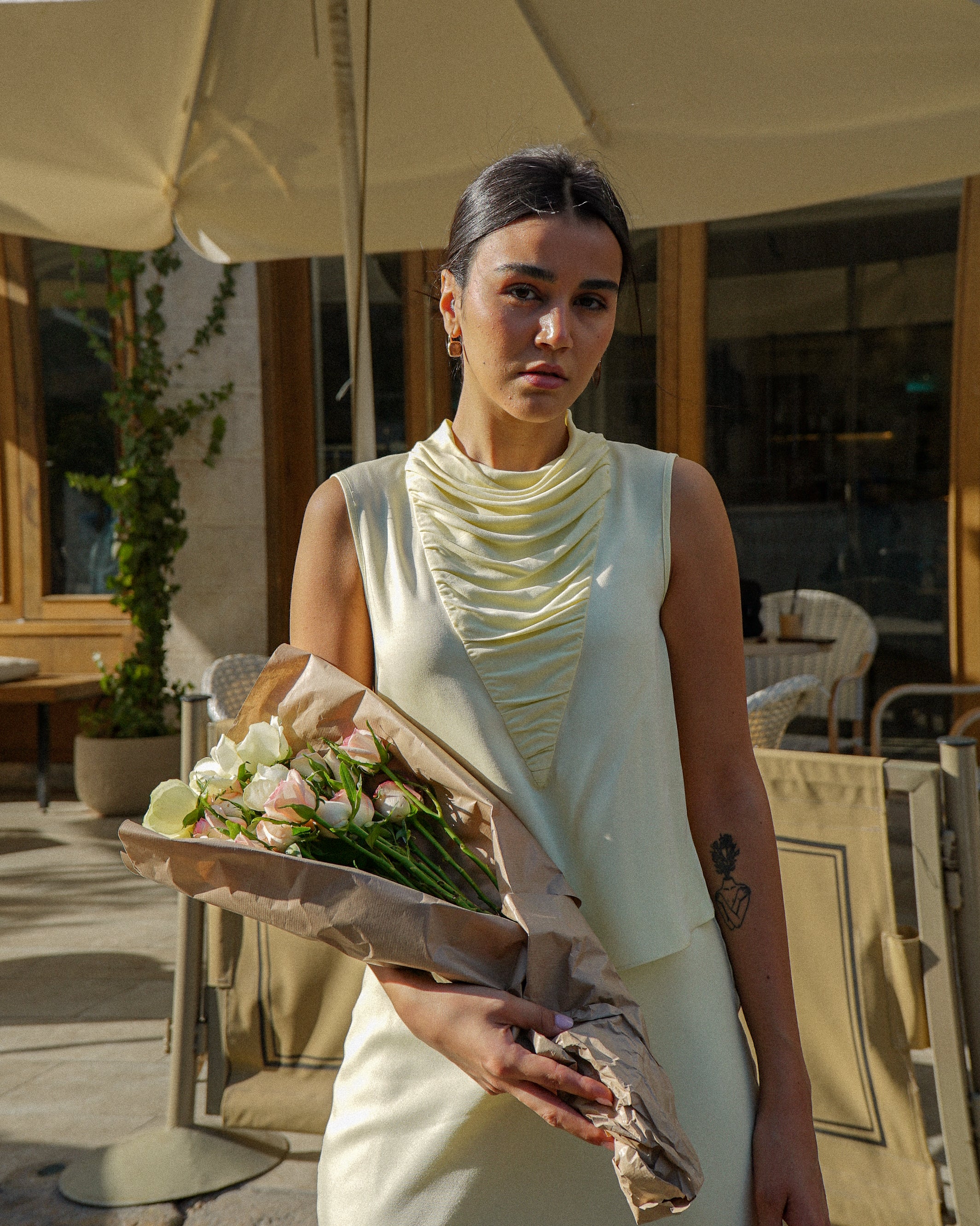 Shanbar Asymmetric Top – Draped Summer Rayon in Butter Yellow