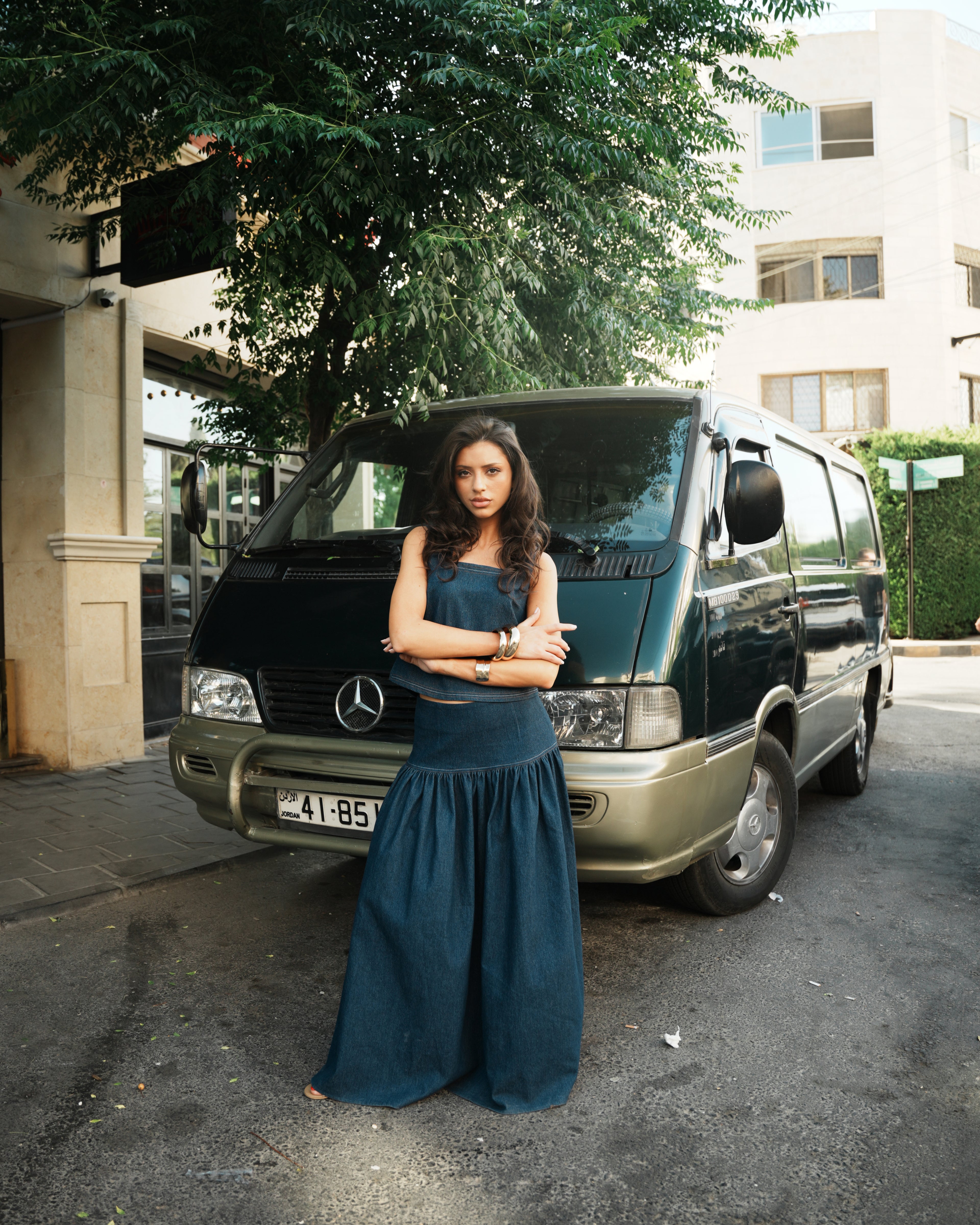 Shorouq Mazrawi high-waisted denim maxi skirt with hidden side zipper, indigo wash