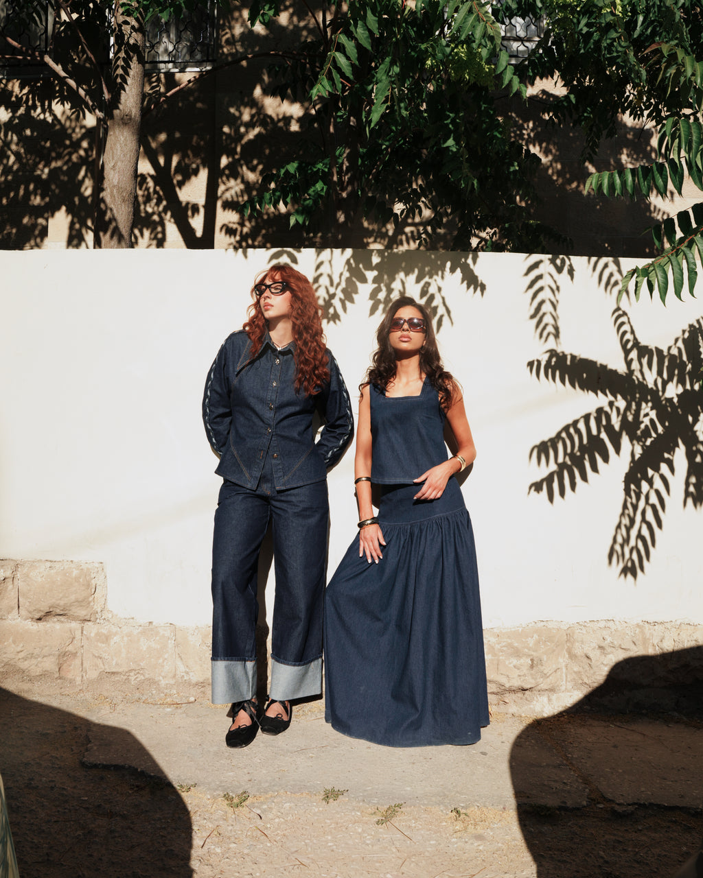 Shorouq Mazrawi high-waisted denim maxi skirt with hidden side zipper, indigo wash