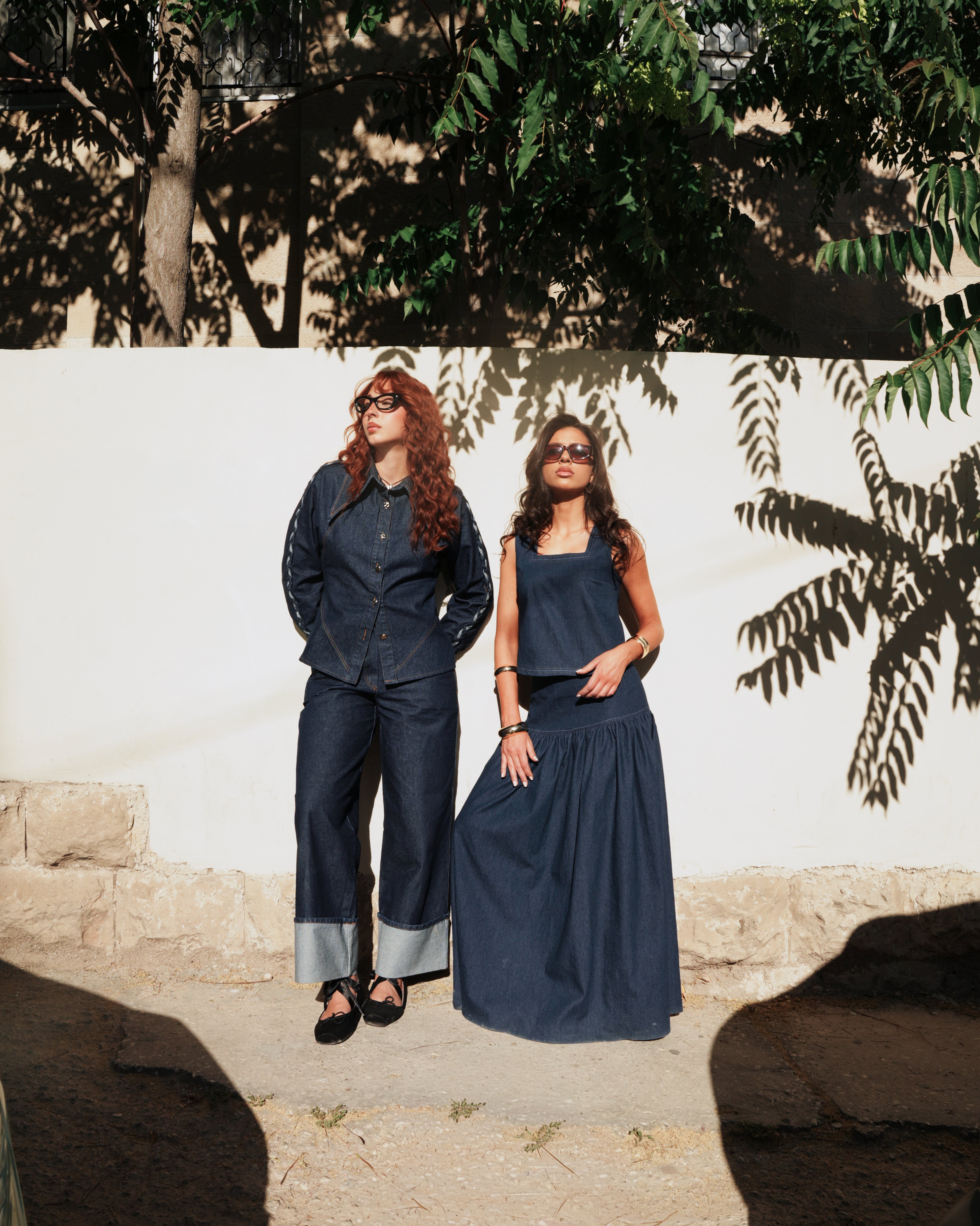 Shorouq Mazrawi high-waisted denim maxi skirt with hidden side zipper, indigo wash