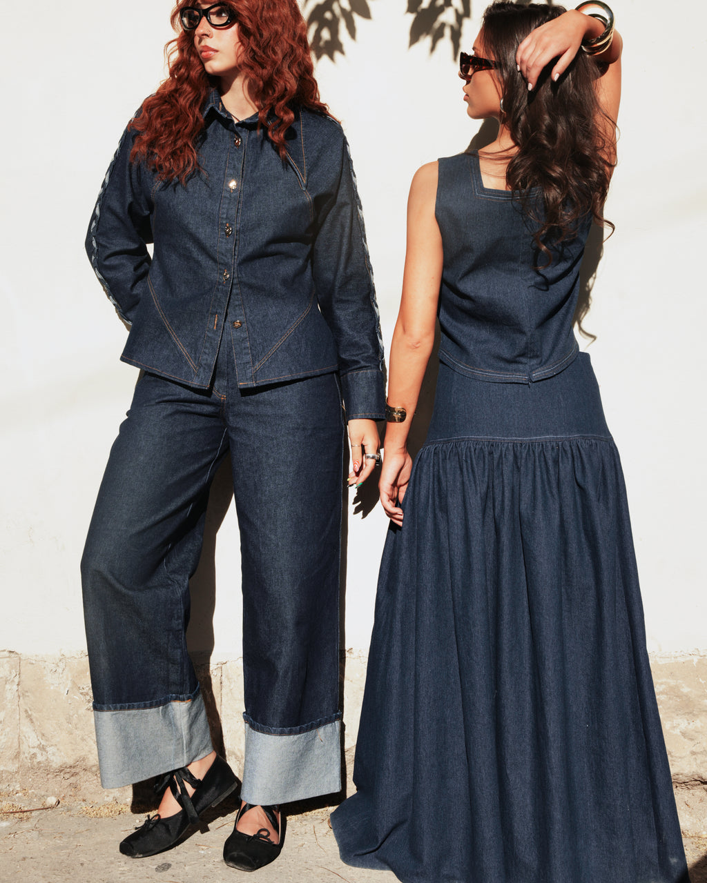 Shorouq Mazrawi high-waisted denim maxi skirt with hidden side zipper, indigo wash