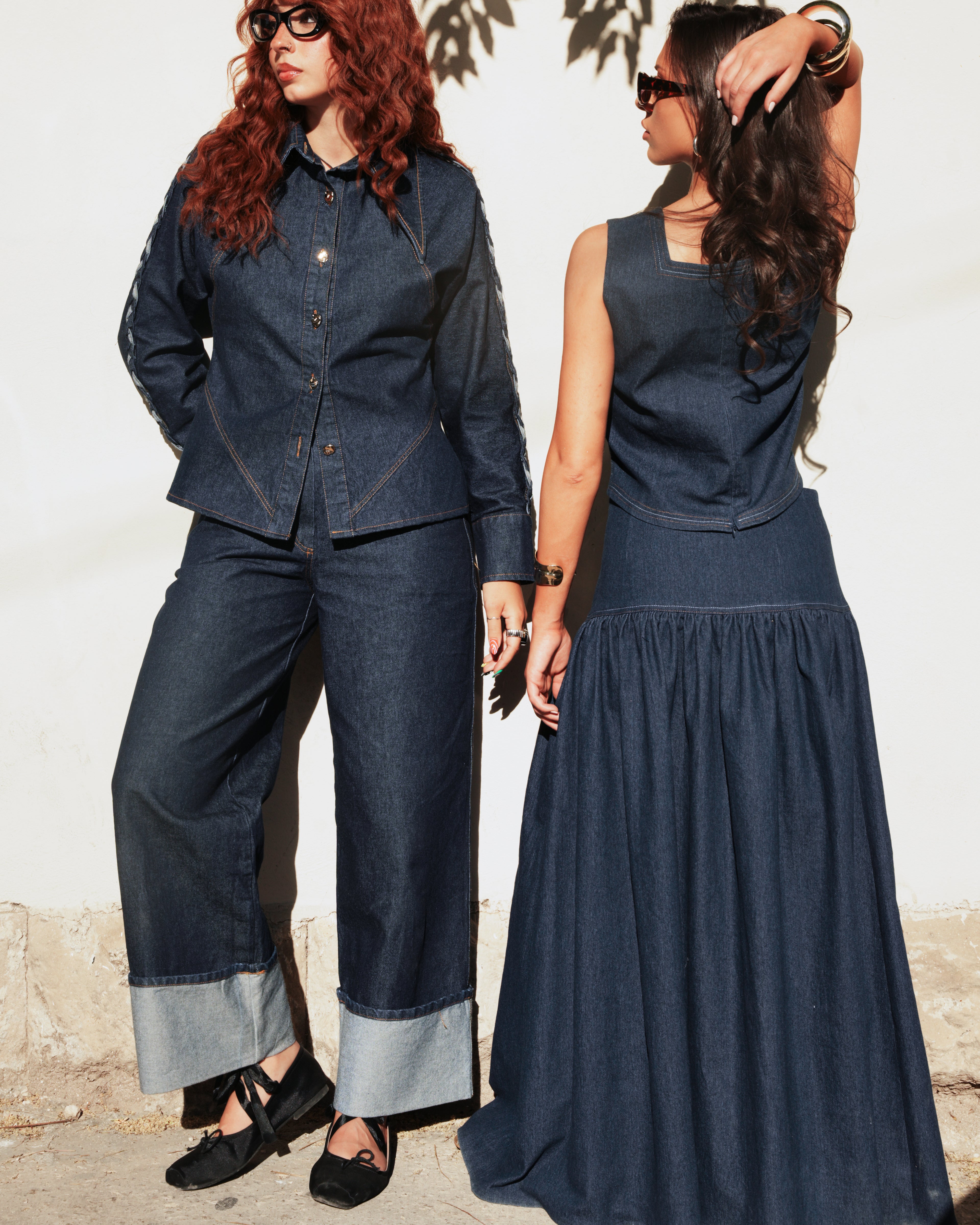 Shorouq Mazrawi high-waisted denim maxi skirt with hidden side zipper, indigo wash