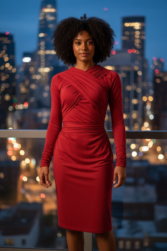 Draped cross-wrap bodycon dress in red, knee length with ruched sleeves