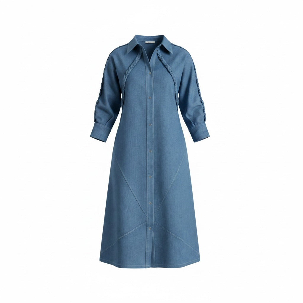 Um Al Jadayel Denim Shirt Dress – Structured Cotton with Hand-Braided Detail