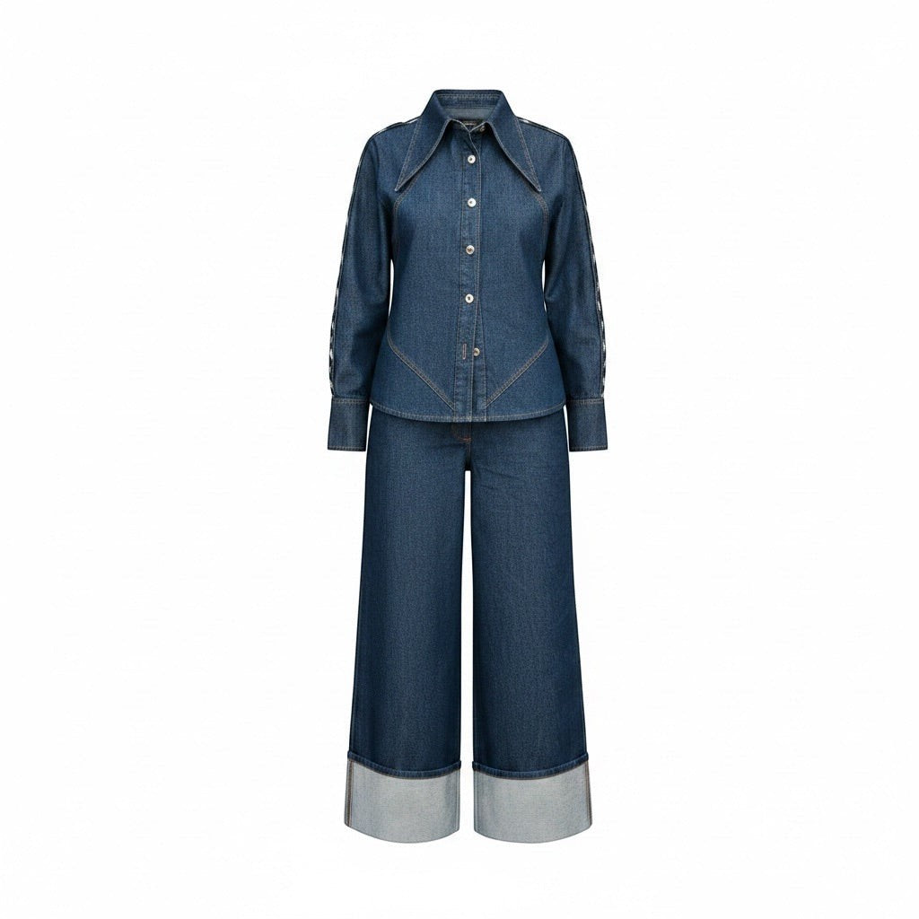 shorouqmazrawi indigo denim set featuring a structured long-sleeve shirt and wide-leg pants with 15cm cuffed hems.