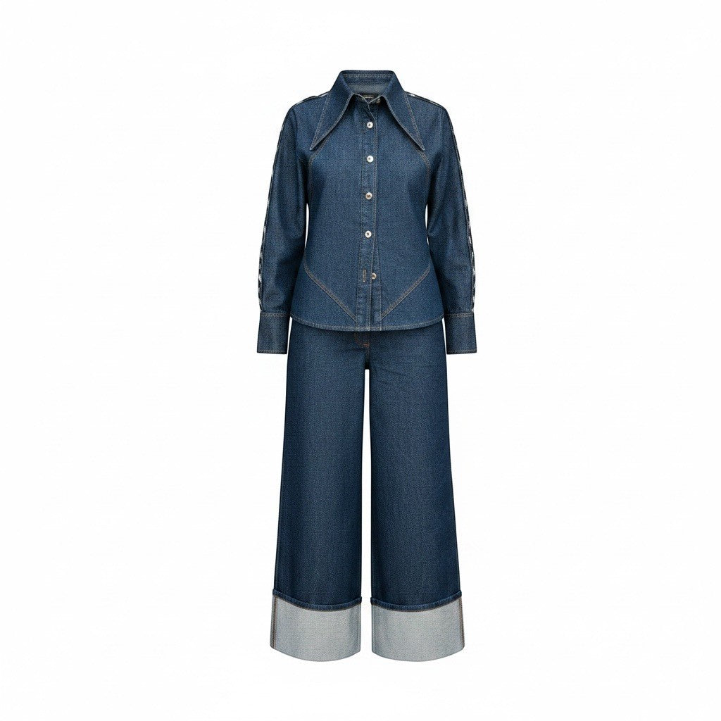shorouqmazrawi indigo denim shirt and wide-leg pants set with hand-braided shoulder trim and gold metal buttons