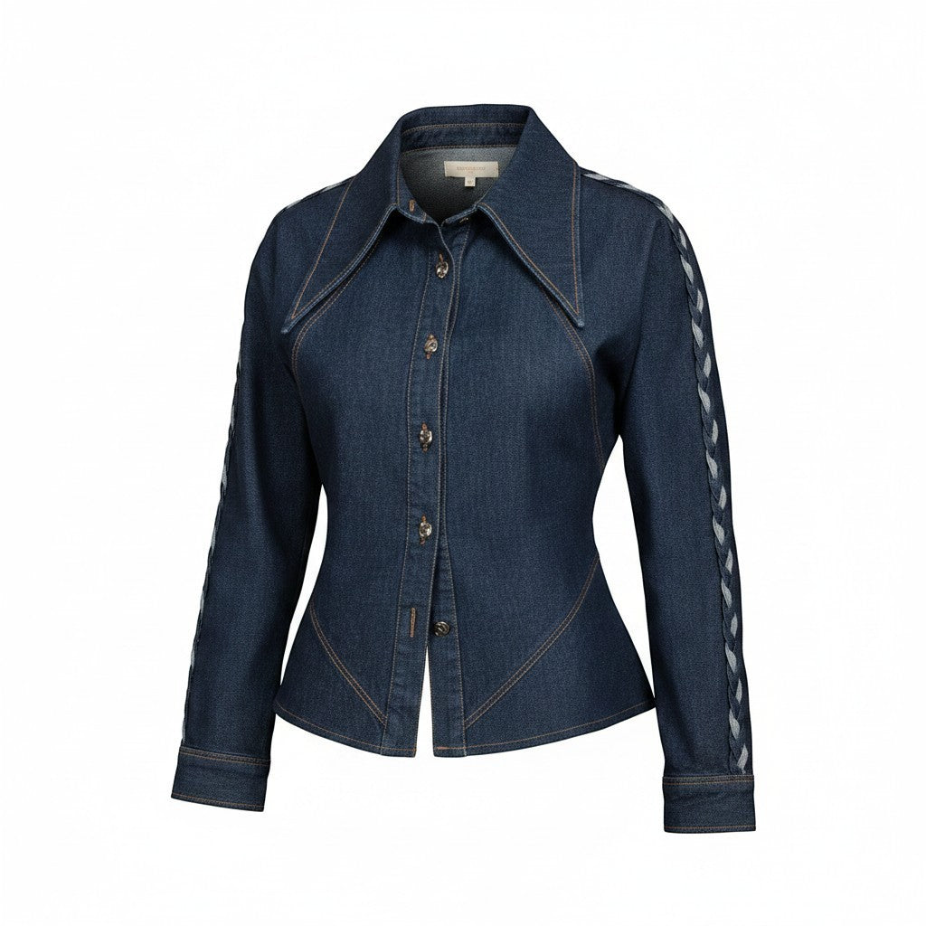 shorouqmazrawi indigo denim shirt with structured collar, gold buttons, and hand-braided shoulder and sleeve trim.