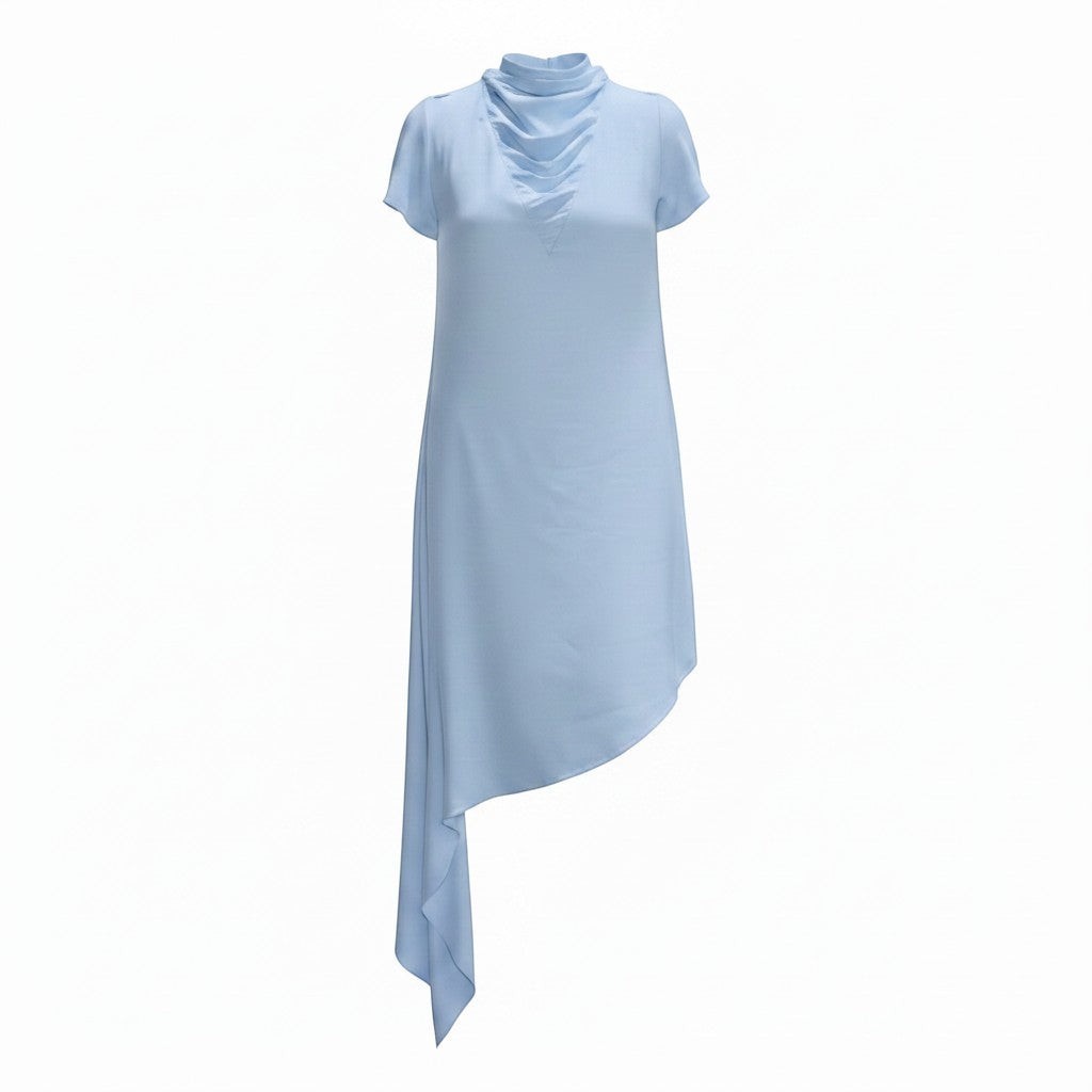 shorouqmazrawi light blue cotton rayon asymmetric dress with short sleeves and a draped tie-neck detail