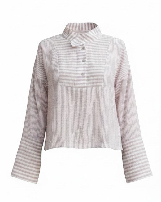shorouqmazrawi mauve purple striped long-sleeve shirt with a wide mandarin collar and square-cut chest panel.